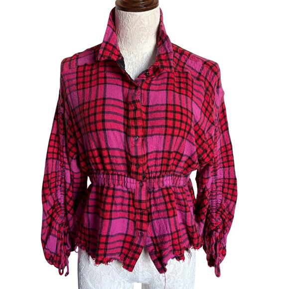 Free People We The Free Pacific Dawn Plaid Flannel Shirt Wool Grunge L Y2K - Picture 10 of 11